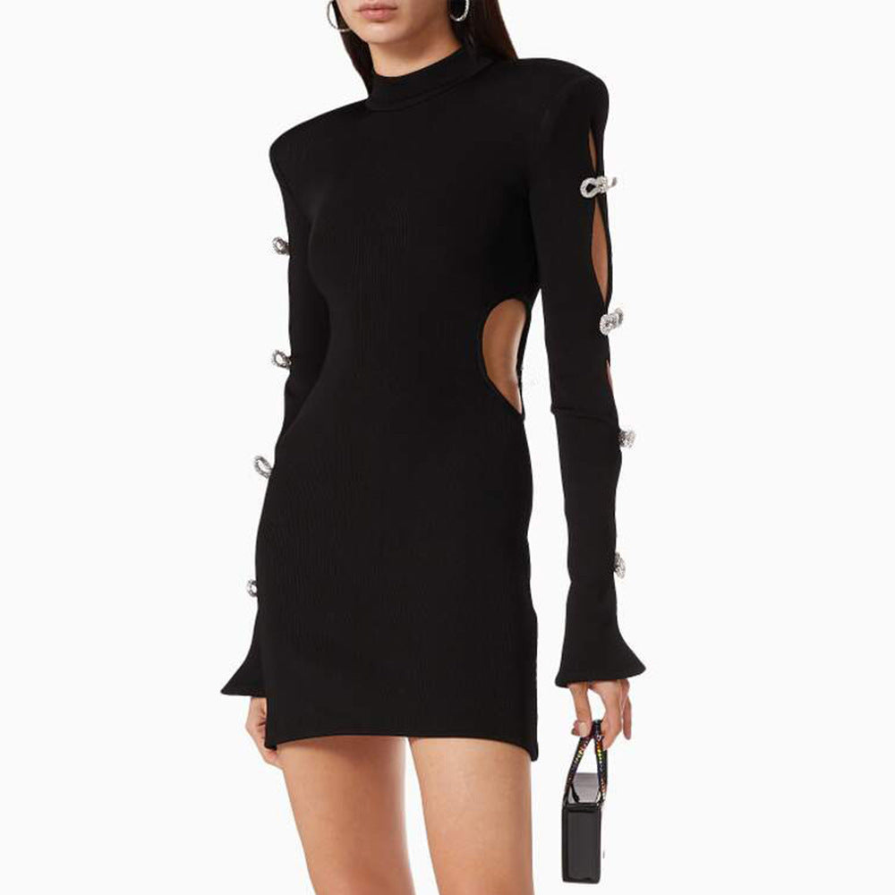 Women's Fashion Hollowed-out Long Sleeve Bowknot Slim Dress