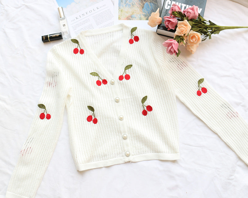 Cherry Embroidery White Crochet Hollow Cardigan Top Women'S Short Coat Base Cardigan