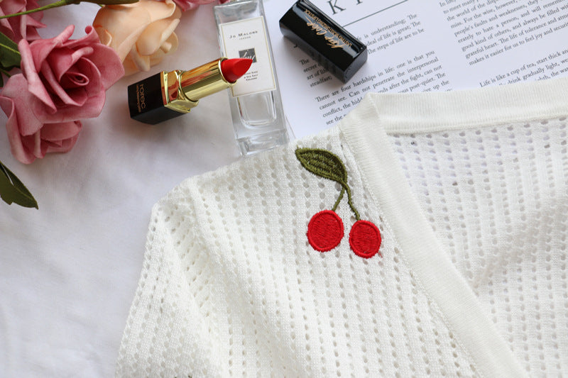 Cherry Embroidery White Crochet Hollow Cardigan Top Women'S Short Coat Base Cardigan