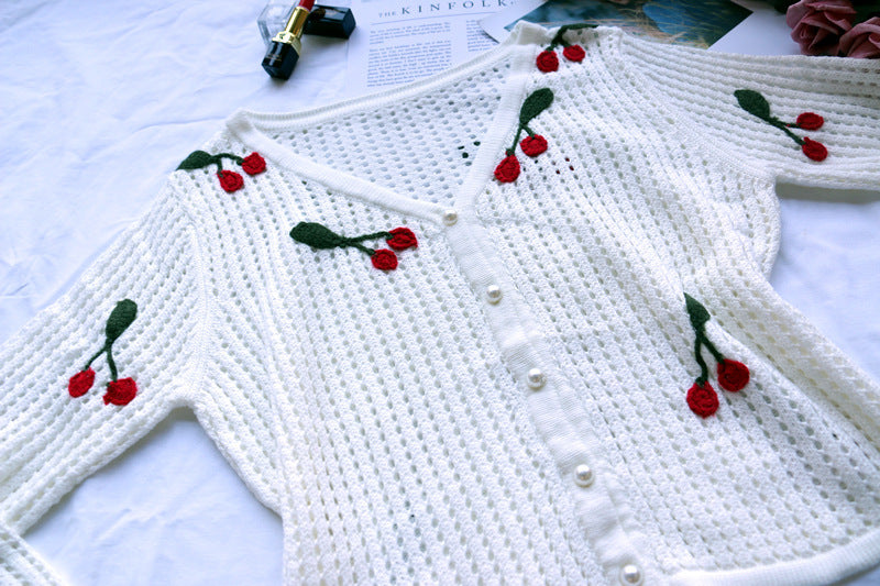 Cherry Embroidery White Crochet Hollow Cardigan Top Women'S Short Coat Base Cardigan