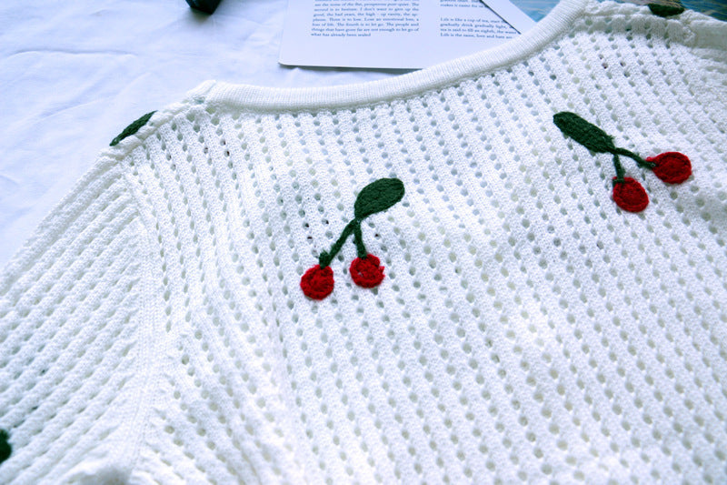 Cherry Embroidery White Crochet Hollow Cardigan Top Women'S Short Coat Base Cardigan