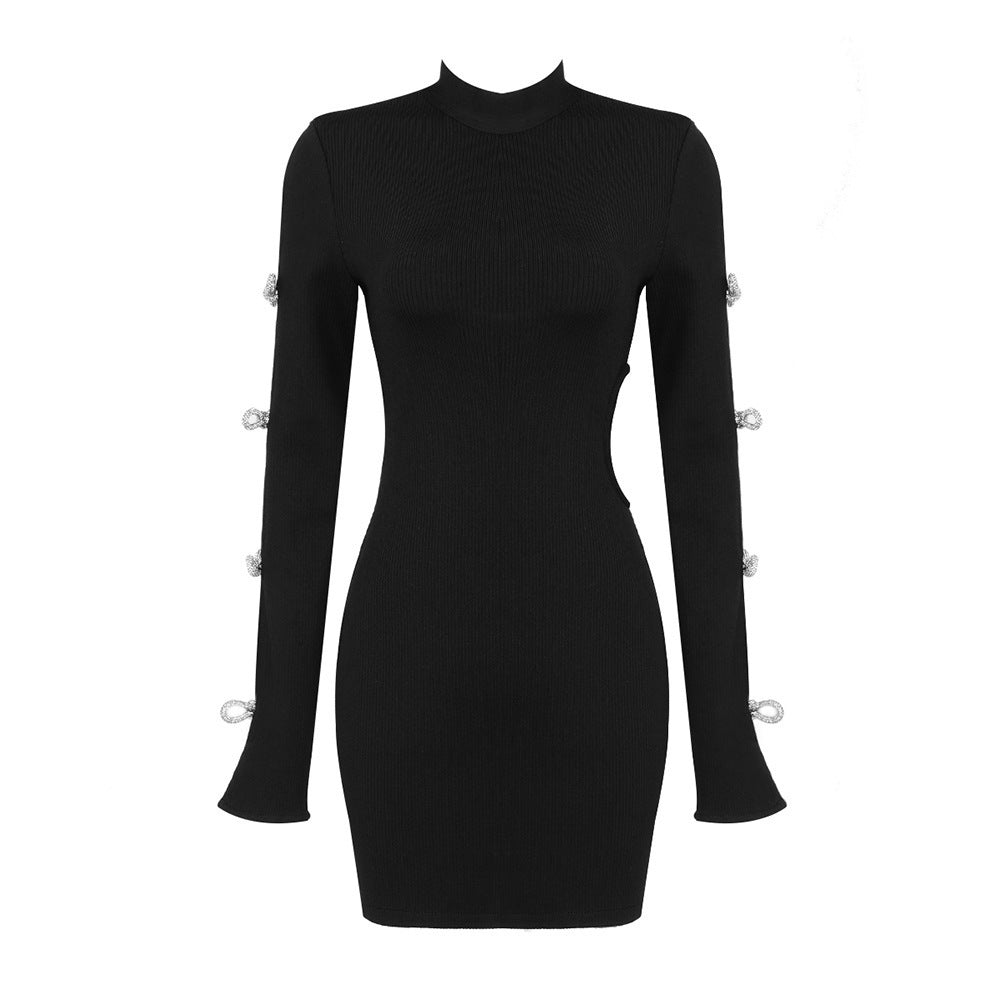 Women's Fashion Hollowed-out Long Sleeve Bowknot Slim Dress