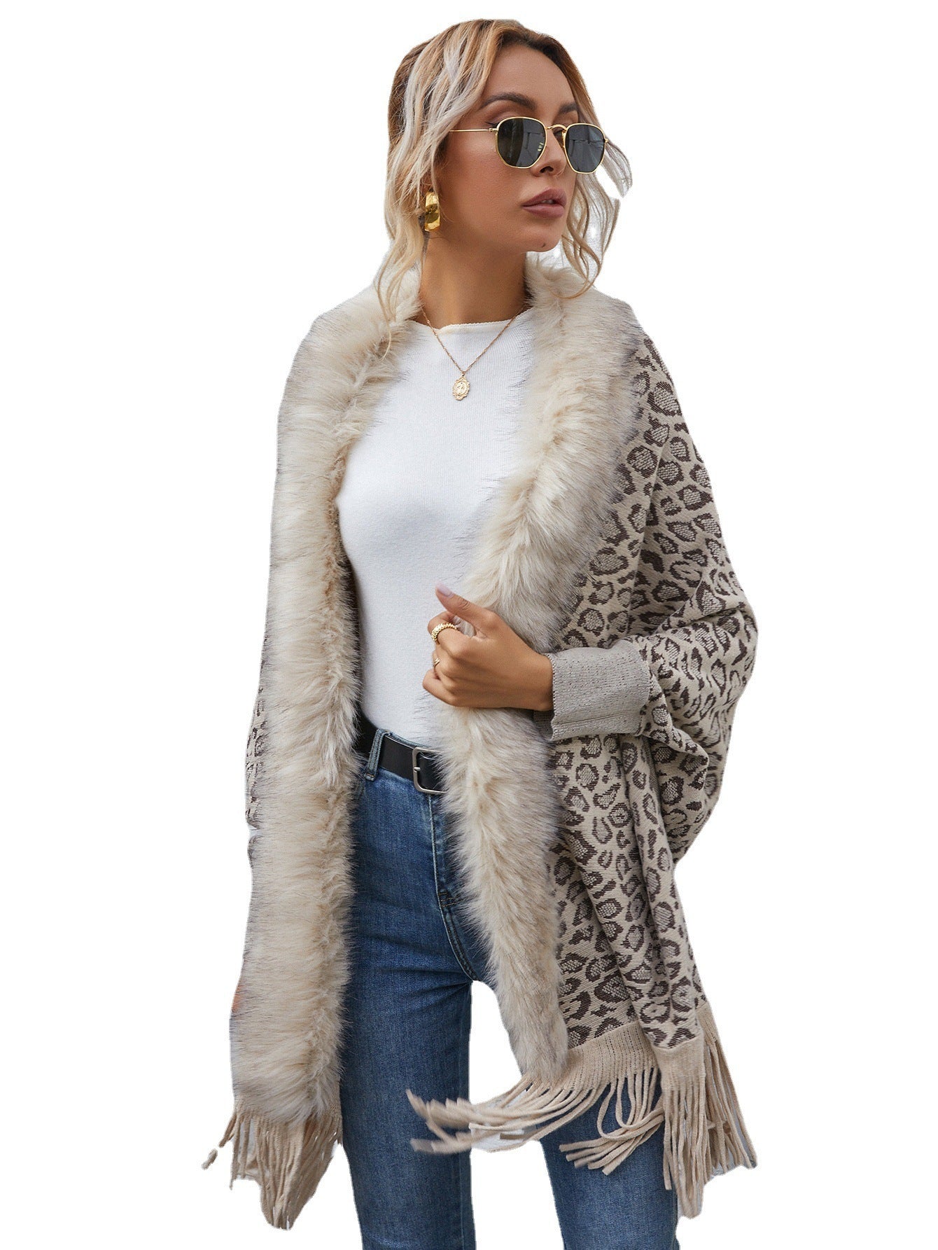 Leopard Sweater Fur Collar Cardigan Shawl Knitted Jacket