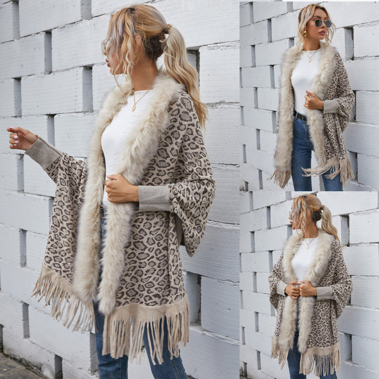 Leopard Sweater Fur Collar Cardigan Shawl Knitted Jacket