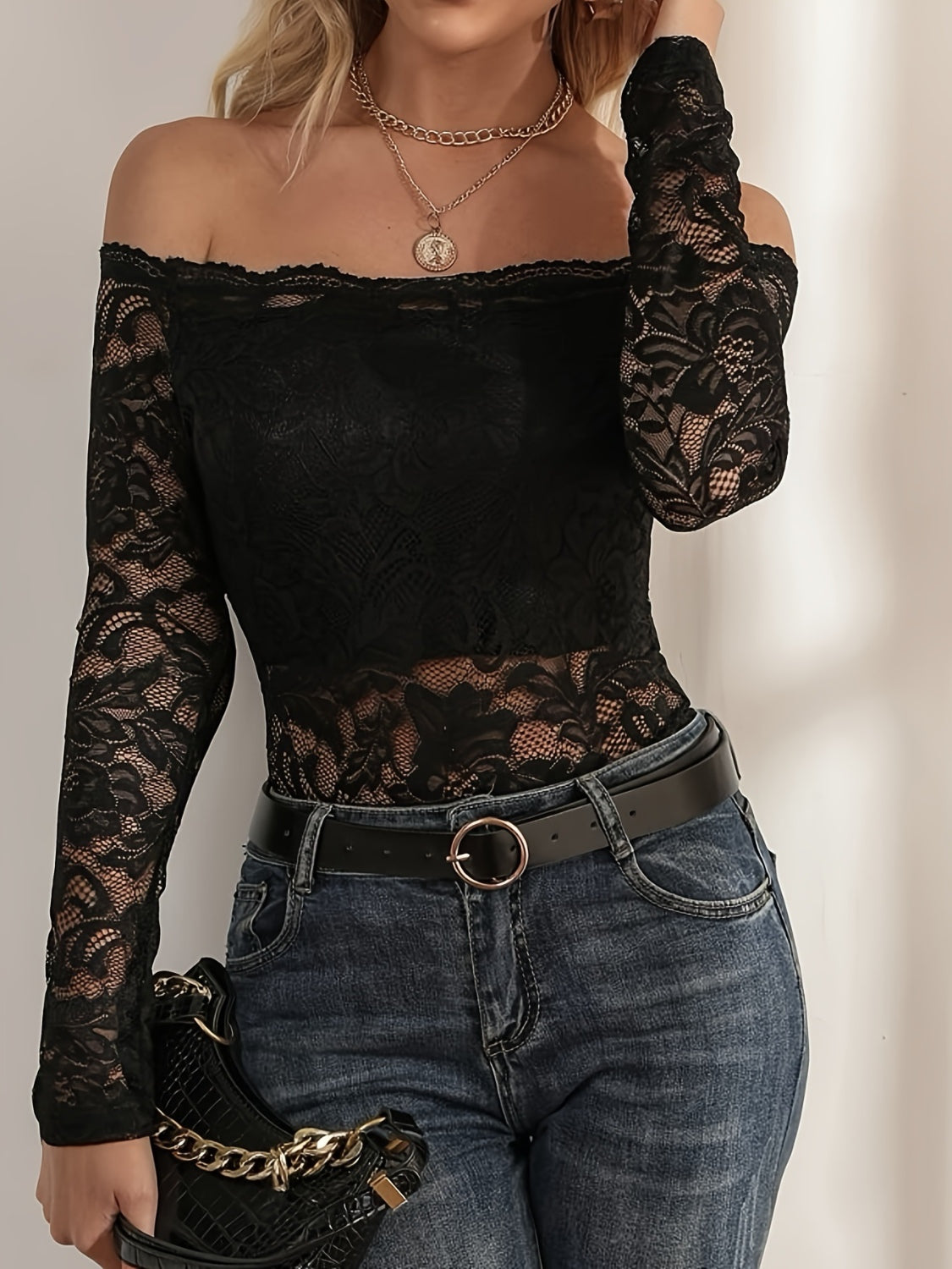 Off-Shoulder Long Sleeve Lace Top